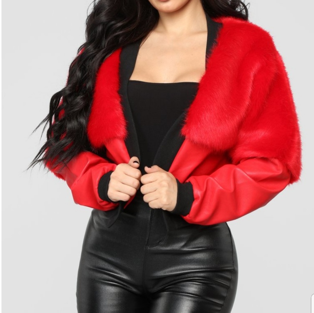 New Red Faux Fur and Leather Jacket